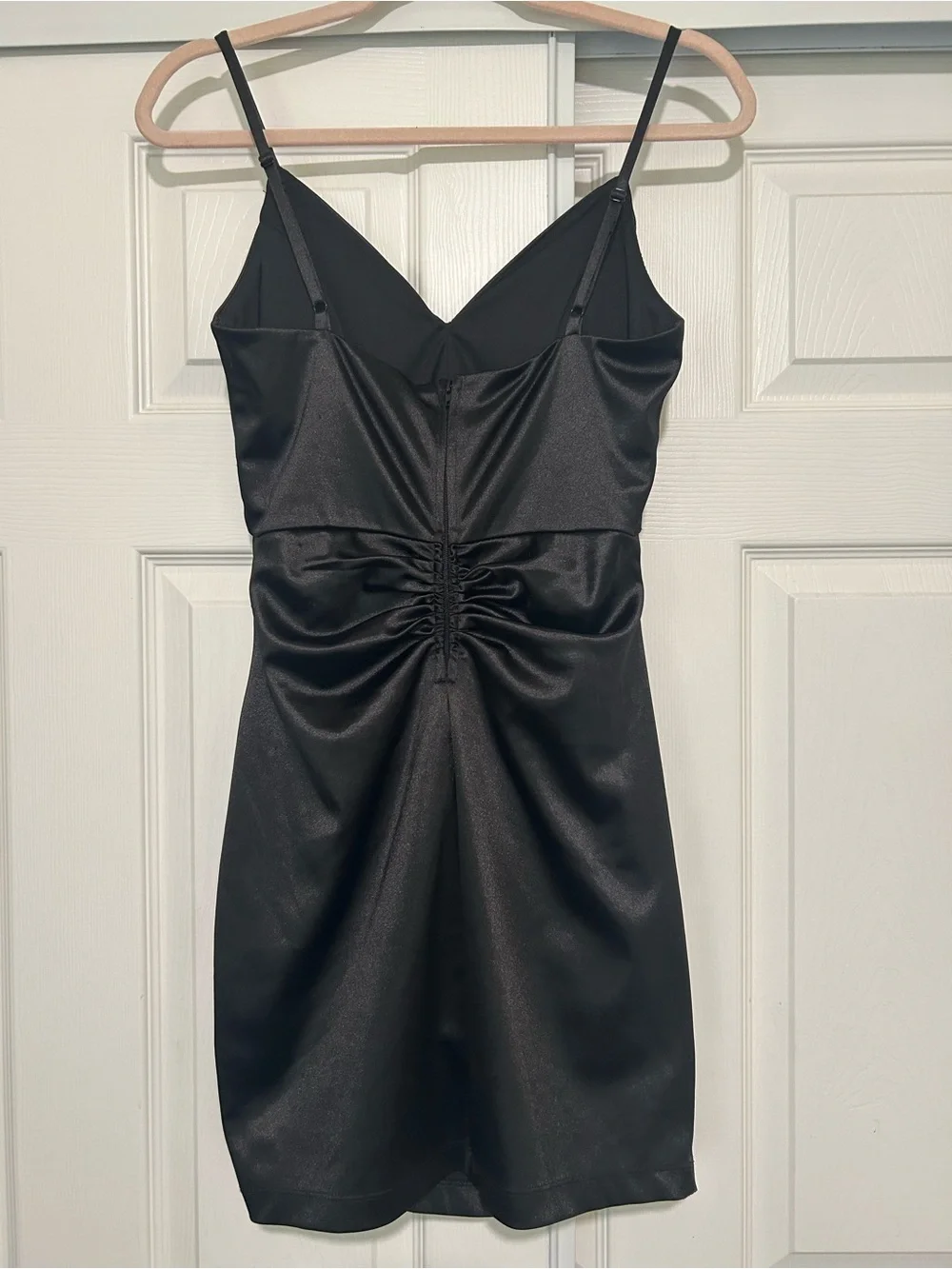 Honey and Rosie Black Satin Ruched Mini Dress